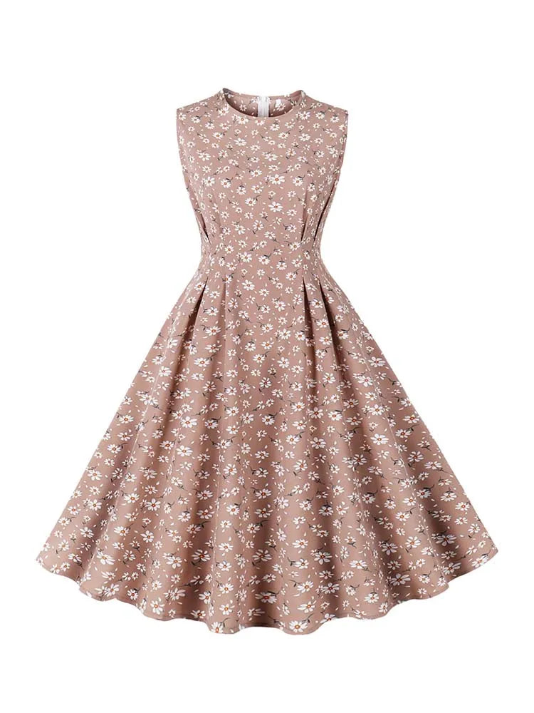 Floral Print Summer Dress Women Elegant Retro Sleeveless Vacation Beach Dress 50S Party Vestidos