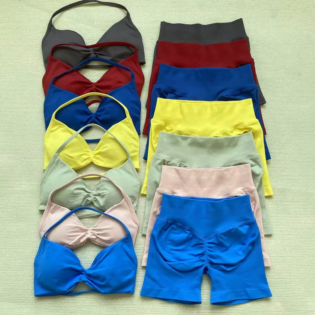 Yoga Gym Set 2 Piece Women Strappy Yoga Bra Top Workout Scrunch Shorts Sports Suit Fitness Clothes Seamless Yoga Set