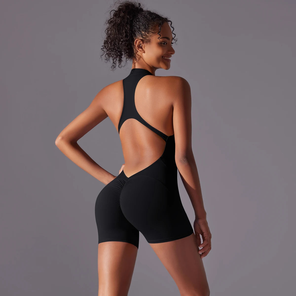 Half Zipper Women Bodysuits Gym Push Up Workout Clothes Backless Scrunch Fitness Sports Yoga Bodysuit Sleeveles Fitness Jumpsuit