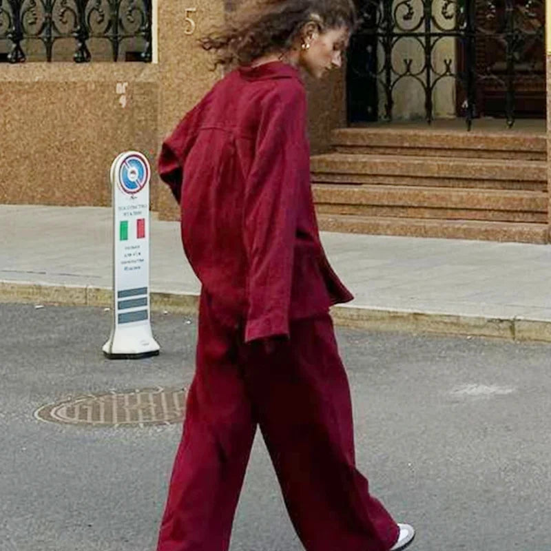 Women Casual Brown Cotton Linen Shirt Pants Suit Fashion Single Breasted Blouses Elastic Waist Pant Set 2025 Spring Loose Outfit