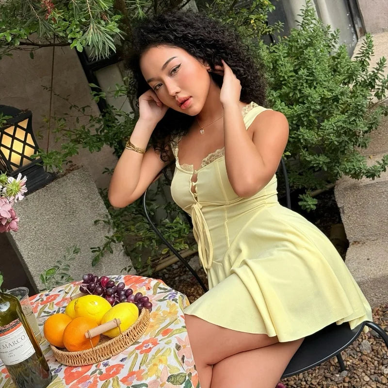 Candyhot Sexy Square Collar Lace Up Solid Color A-LINE Elegant French Strap Mini Dress Y2K Summer Fashion Party Women Vestidos
