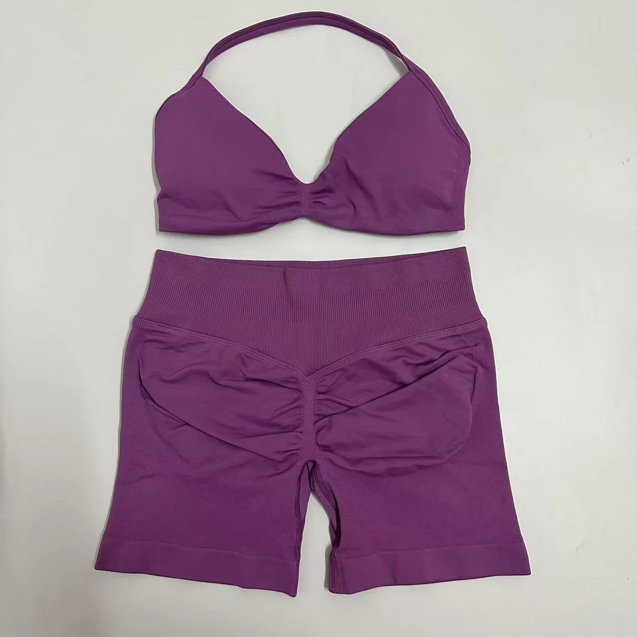 No Logo Yoga Gym Set Women Seamless Strappy Yoga Bra Top High Waist Workout Scrunch Shorts Sports Set Fitness Clothes Sportswear