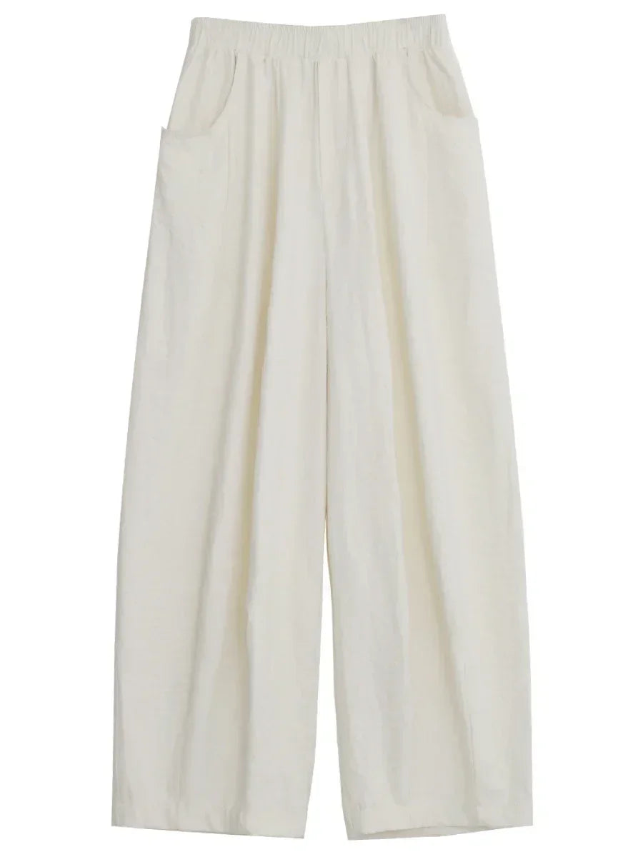 CHIC VEN Women White Pants Solid Casual Elastic Waist High Waisted Pleated Wide Leg Female Trousers  Fold Summer 2025 Clothing