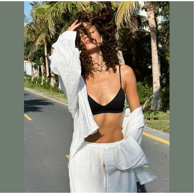 Women Casual Brown Cotton Linen Shirt Pants Suit Fashion Single Breasted Blouses Elastic Waist Pant Set 2025 Spring Loose Outfit