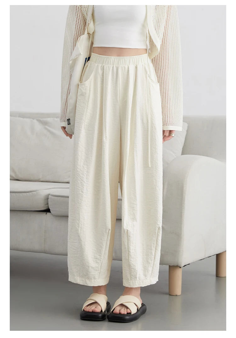 CHIC VEN Women White Pants Solid Casual Elastic Waist High Waisted Pleated Wide Leg Female Trousers  Fold Summer 2025 Clothing