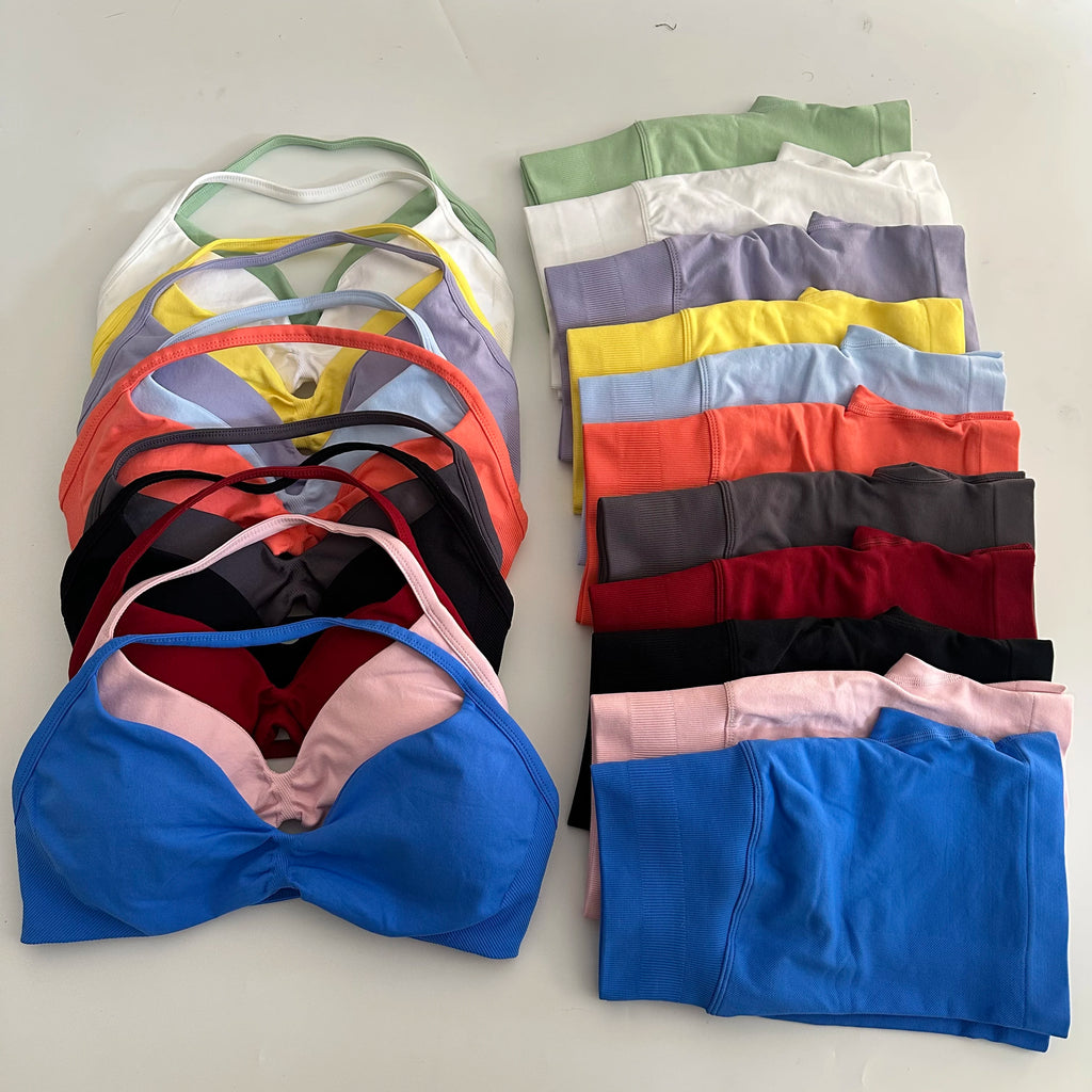 No Logo Yoga Gym Set Women Seamless Strappy Yoga Bra Top High Waist Workout Scrunch Shorts Sports Set Fitness Clothes Sportswear