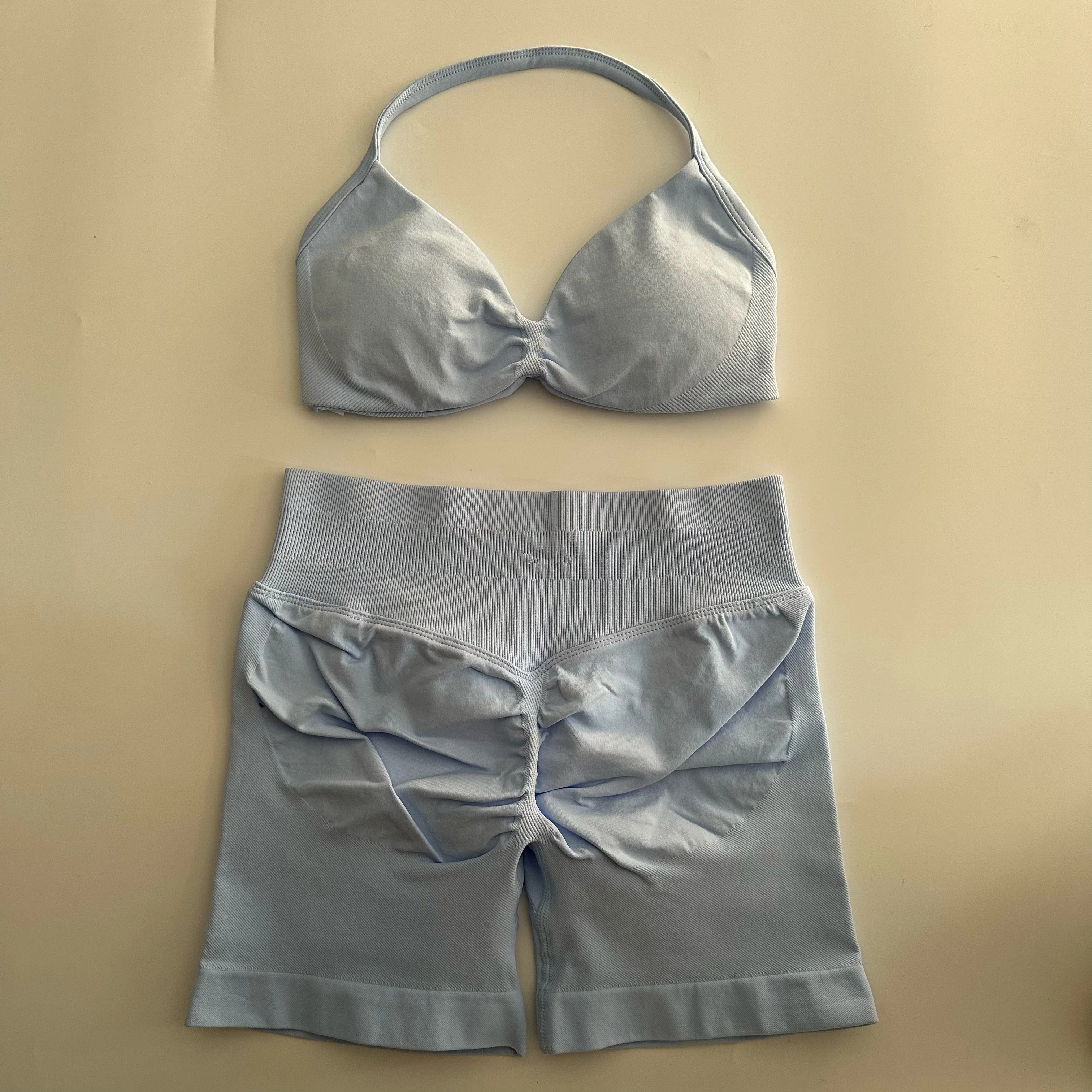 No Logo Yoga Gym Set Women Seamless Strappy Yoga Bra Top High Waist Workout Scrunch Shorts Sports Set Fitness Clothes Sportswear