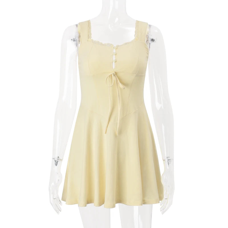 Candyhot Sexy Square Collar Lace Up Solid Color A-LINE Elegant French Strap Mini Dress Y2K Summer Fashion Party Women Vestidos