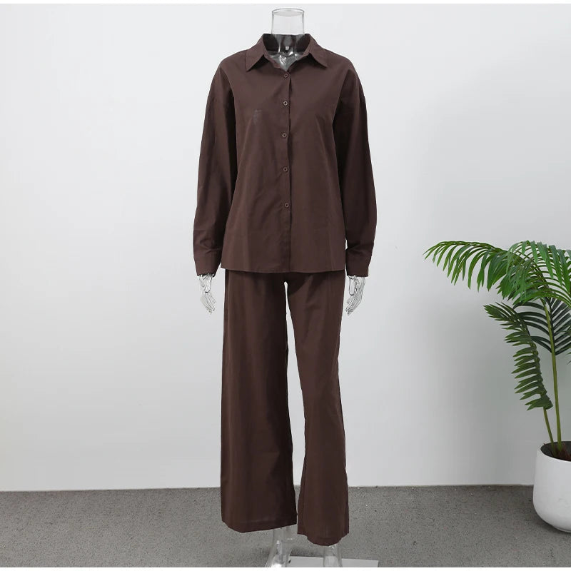 Women Casual Brown Cotton Linen Shirt Pants Suit Fashion Single Breasted Blouses Elastic Waist Pant Set 2025 Spring Loose Outfit