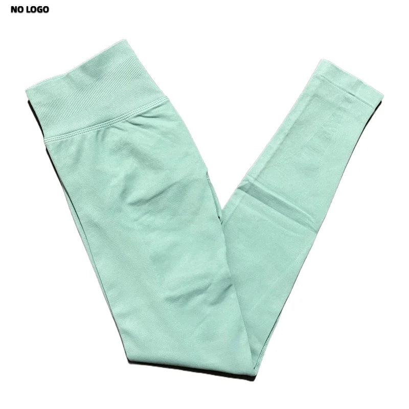 No Logo Women Sports Leggings Low Ribbed Band Butt Lifting Yoga Pants Seamless Tummy Control Fitness Workout Sports Leggings