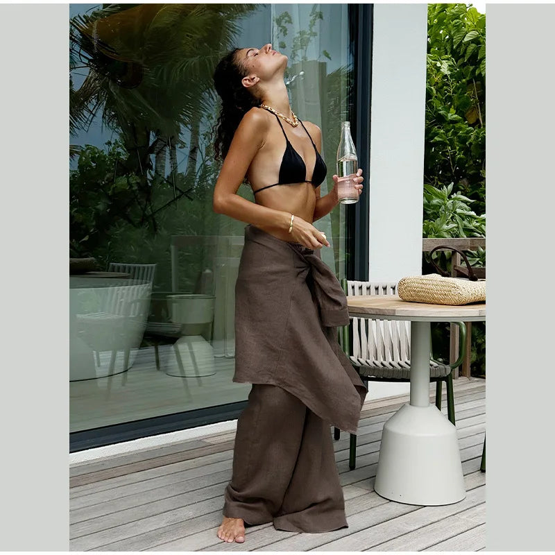 Women Casual Brown Cotton Linen Shirt Pants Suit Fashion Single Breasted Blouses Elastic Waist Pant Set 2025 Spring Loose Outfit