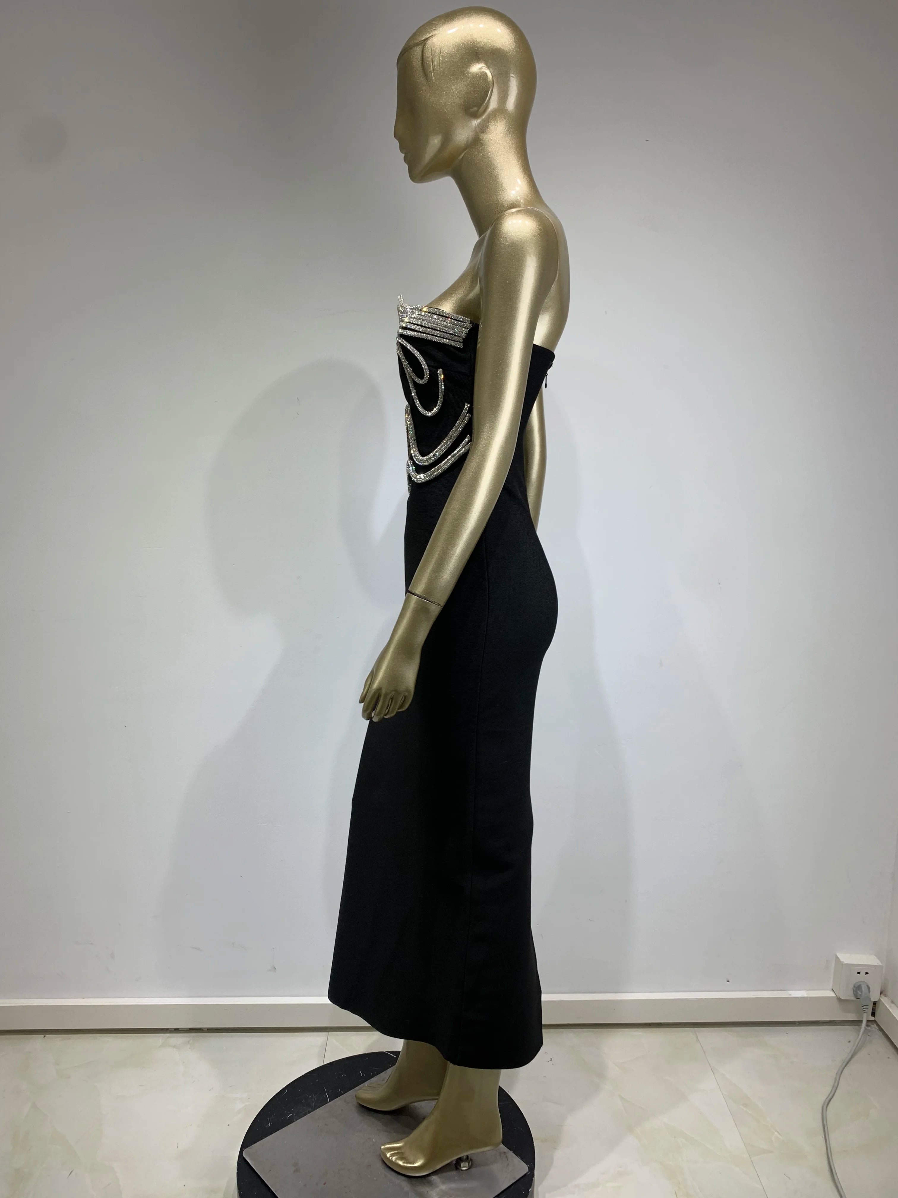 New Women Celebrity Sexy Strapless Backless Diamonds Black Maxi Long Bodycon Bandage Dress 2024 Elegant Evening Club Party Dress