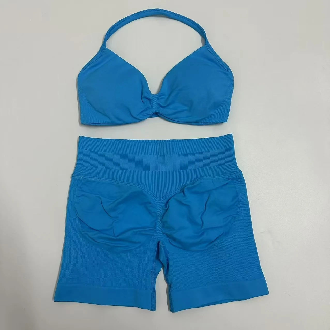 No Logo Yoga Gym Set Women Seamless Strappy Yoga Bra Top High Waist Workout Scrunch Shorts Sports Set Fitness Clothes Sportswear