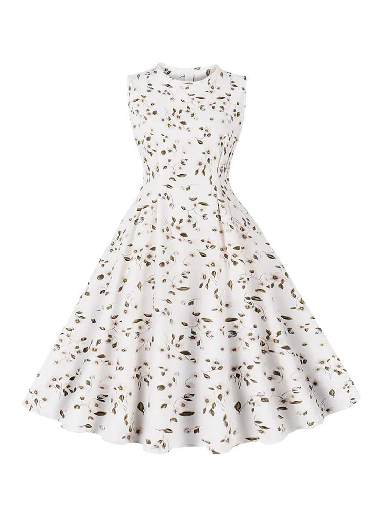 Floral Print Summer Dress Women Elegant Retro Sleeveless Vacation Beach Dress 50S Party Vestidos
