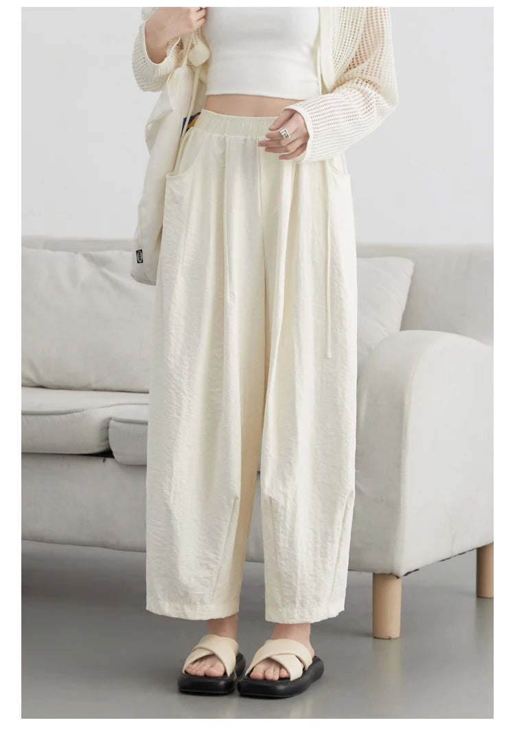 CHIC VEN Women White Pants Solid Casual Elastic Waist High Waisted Pleated Wide Leg Female Trousers  Fold Summer 2025 Clothing