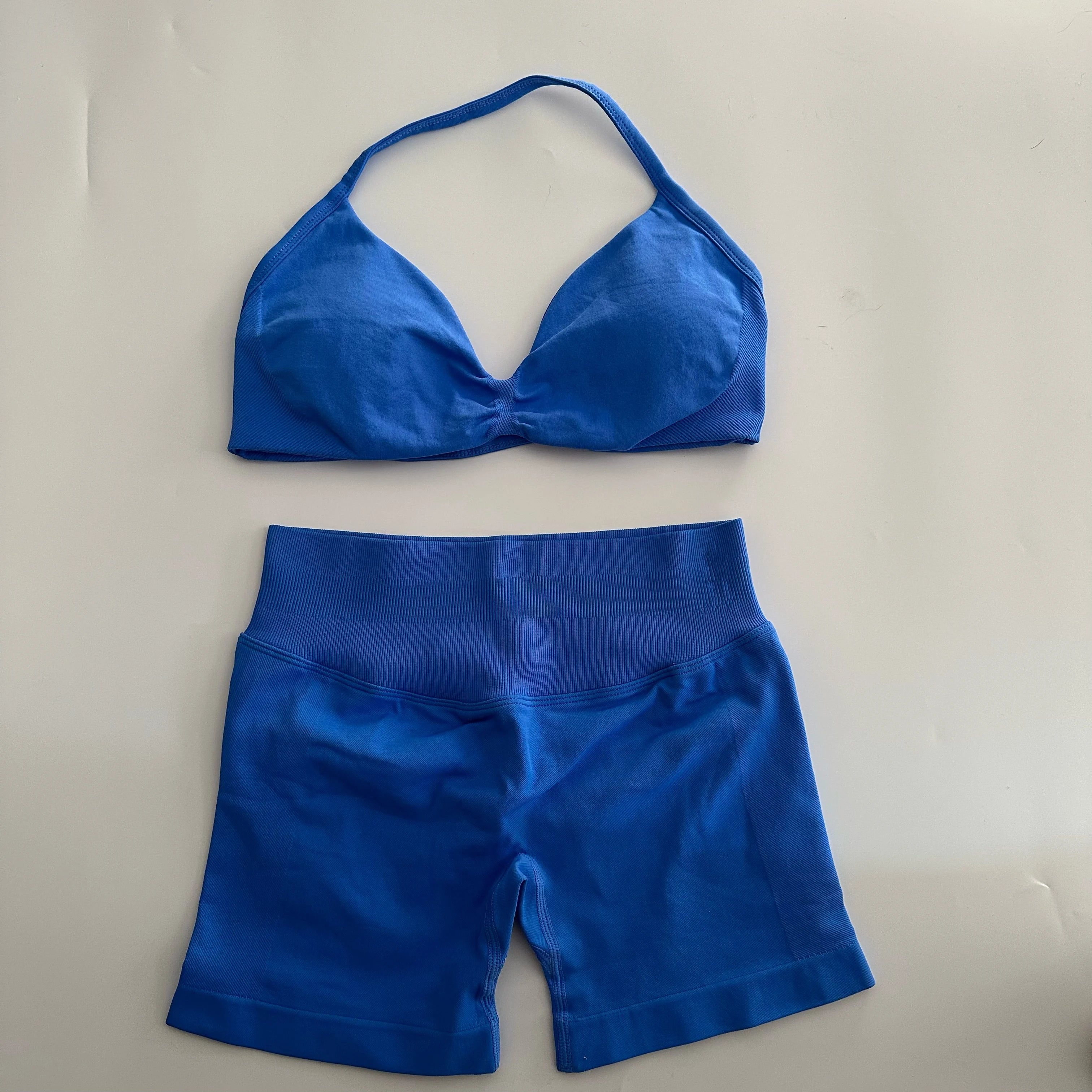 No Logo Yoga Gym Set Women Seamless Strappy Yoga Bra Top High Waist Workout Scrunch Shorts Sports Set Fitness Clothes Sportswear