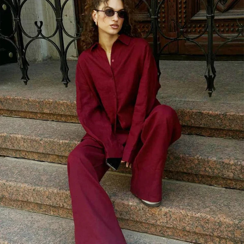 Women Casual Brown Cotton Linen Shirt Pants Suit Fashion Single Breasted Blouses Elastic Waist Pant Set 2025 Spring Loose Outfit