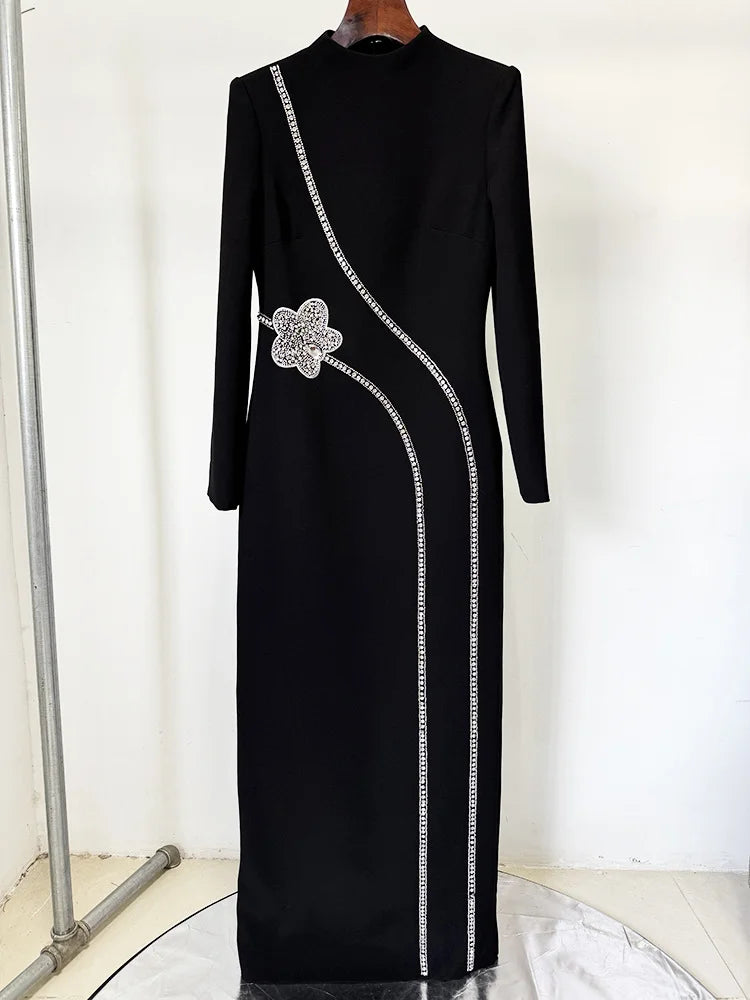 HIGH STREET Newest Fashion 2025 Designer Party Vestido Women's Formal Long Sleeve Diamonds Beading Long Maxi Dress