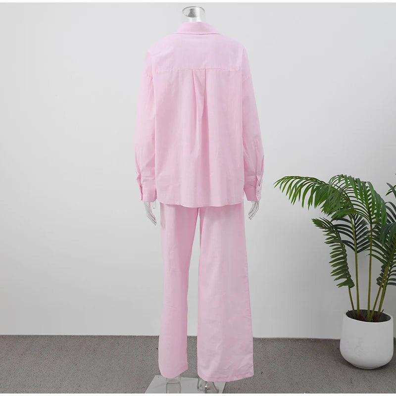 Women Casual Brown Cotton Linen Shirt Pants Suit Fashion Single Breasted Blouses Elastic Waist Pant Set 2025 Spring Loose Outfit