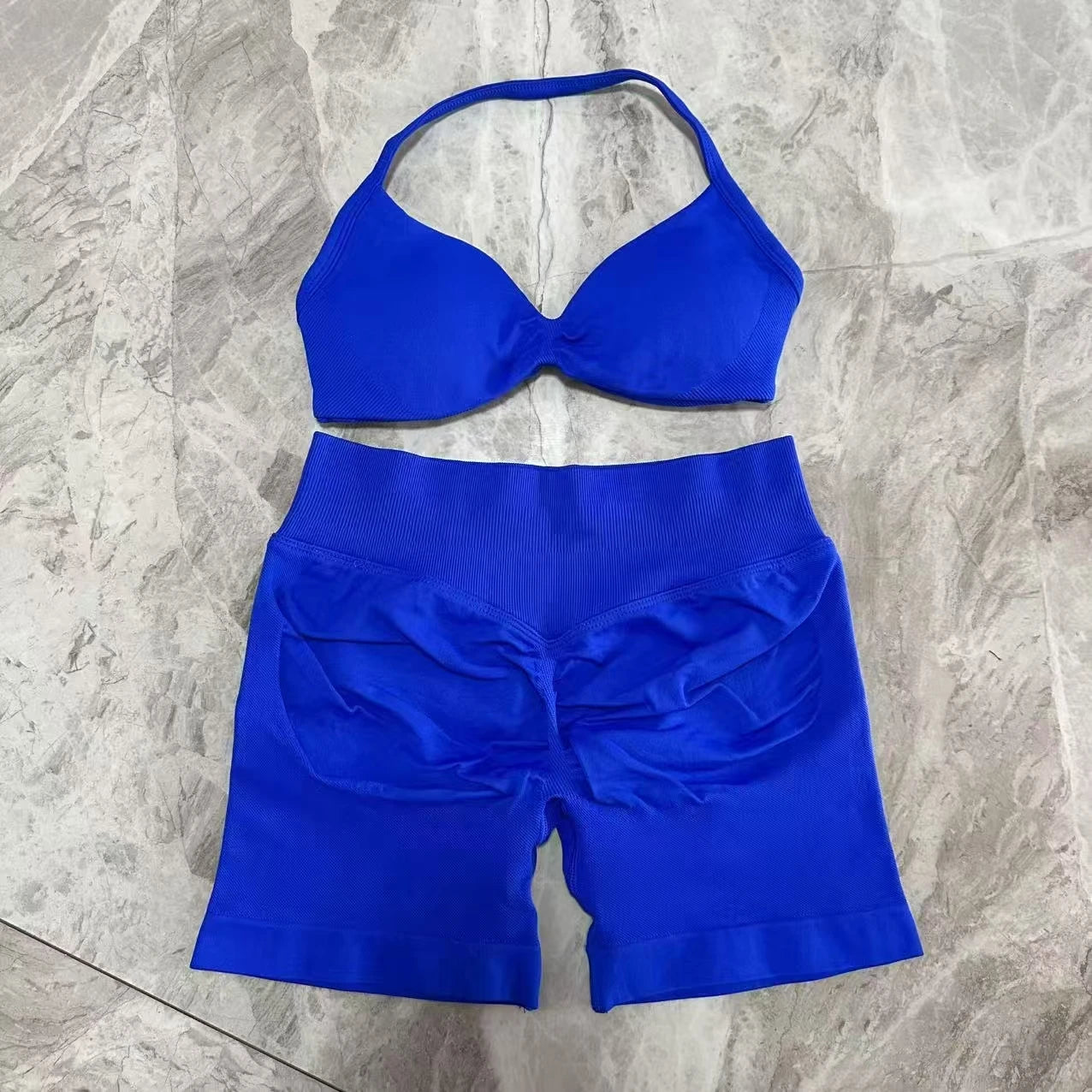 No Logo Yoga Gym Set Women Seamless Strappy Yoga Bra Top High Waist Workout Scrunch Shorts Sports Set Fitness Clothes Sportswear