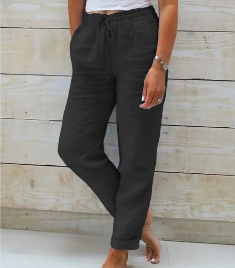 Summer Cotton Linen Pants For Women High Waist Elastic Sweatpant 2025 Loose Pencil Pant Casual Streetwear Solid Pocket Trousers
