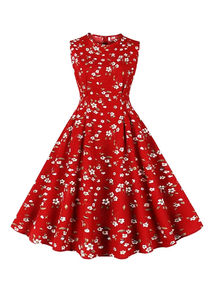 Floral Print Summer Dress Women Elegant Retro Sleeveless Vacation Beach Dress 50S Party Vestidos