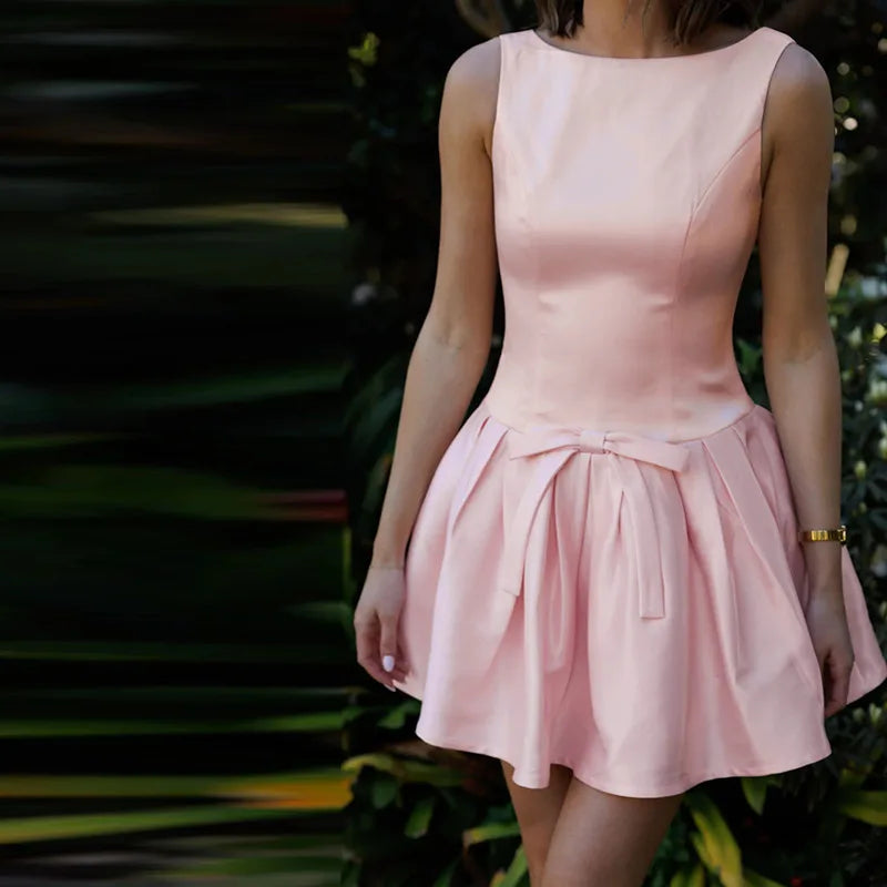 Tuularose Bow Sleeveless Dress Women Summer Pink Backless Sexy Slim Pleated Short Dress Elegant Party Evening Dress Vestidos Y2k
