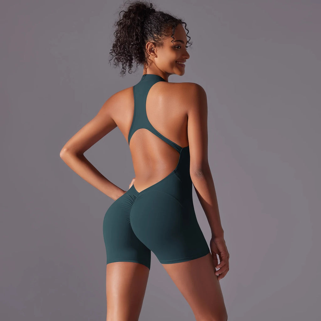 Half Zipper Women Bodysuits Gym Push Up Workout Clothes Backless Scrunch Fitness Sports Yoga Bodysuit Sleeveles Fitness Jumpsuit