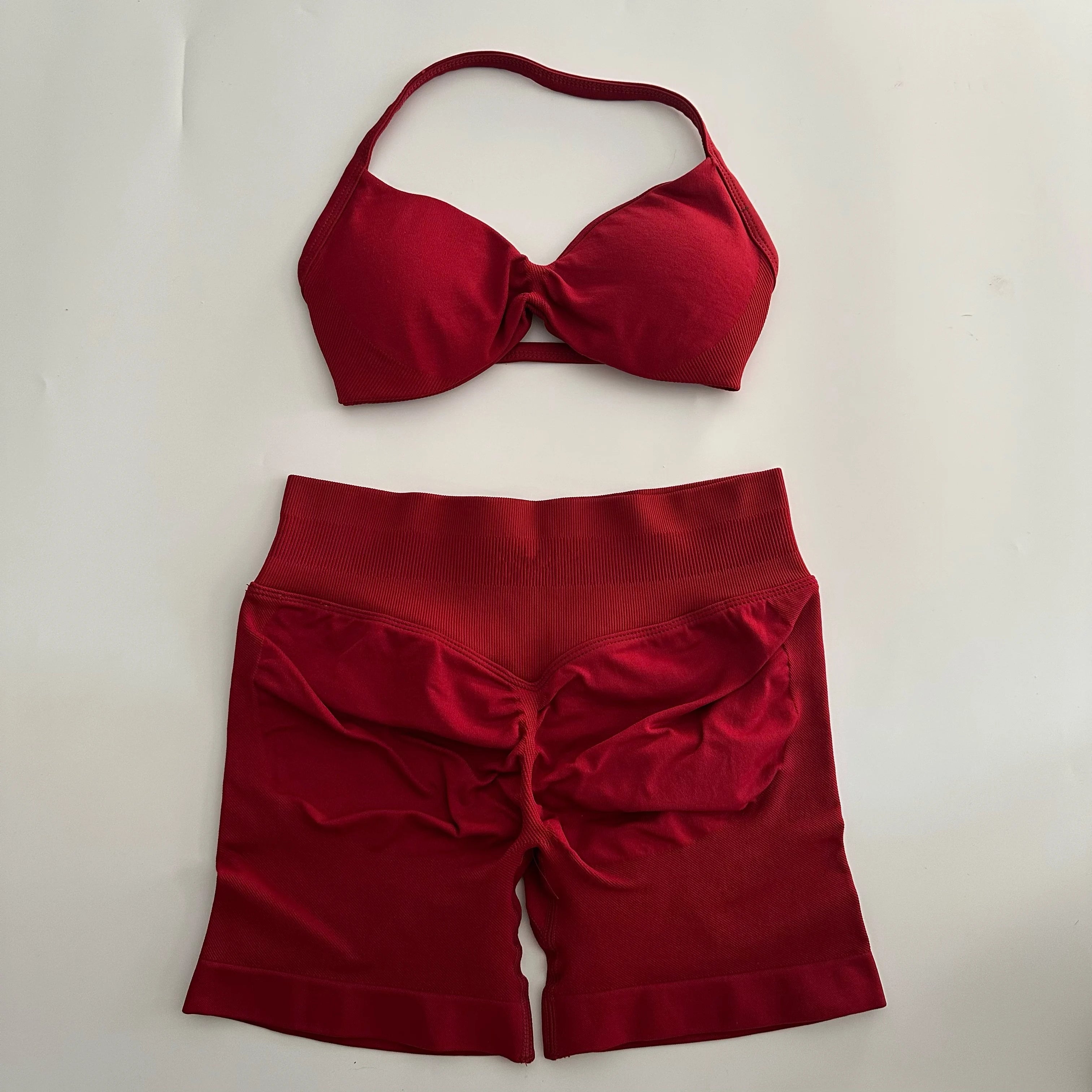 No Logo Yoga Gym Set Women Seamless Strappy Yoga Bra Top High Waist Workout Scrunch Shorts Sports Set Fitness Clothes Sportswear