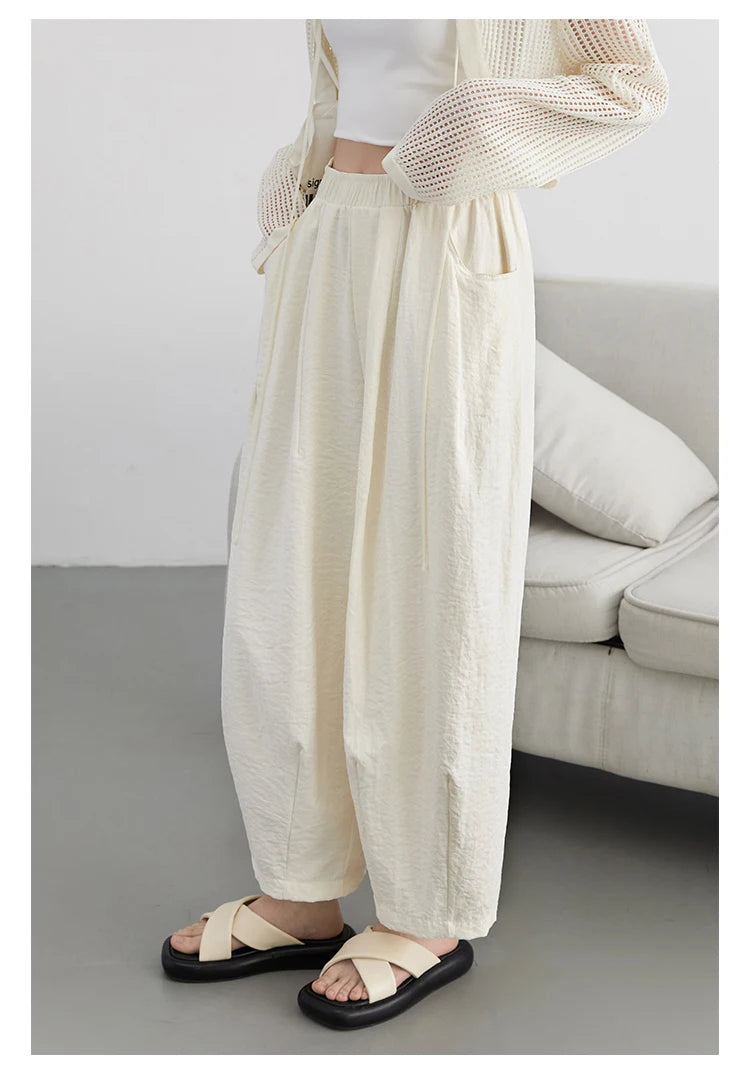 CHIC VEN Women White Pants Solid Casual Elastic Waist High Waisted Pleated Wide Leg Female Trousers  Fold Summer 2025 Clothing
