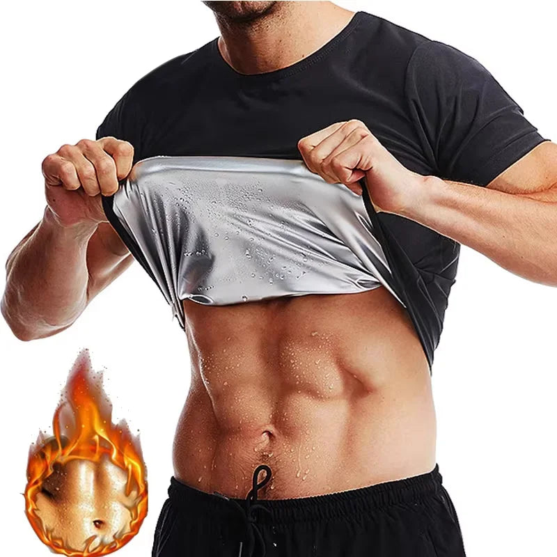 Men Sauna Sweat Short Sleeve Heat Trapping Shirts Sauna Suits Fitness Sweat Waist Slimming Shaper Workout Compression Shirt