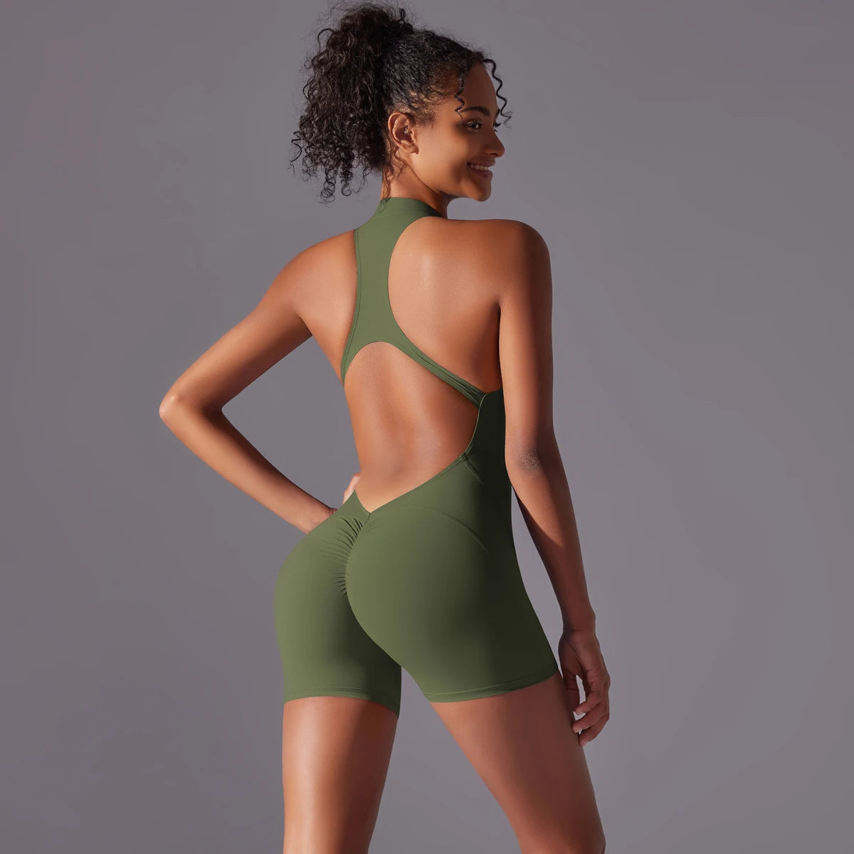 Half Zipper Women Bodysuits Gym Push Up Workout Clothes Backless Scrunch Fitness Sports Yoga Bodysuit Sleeveles Fitness Jumpsuit