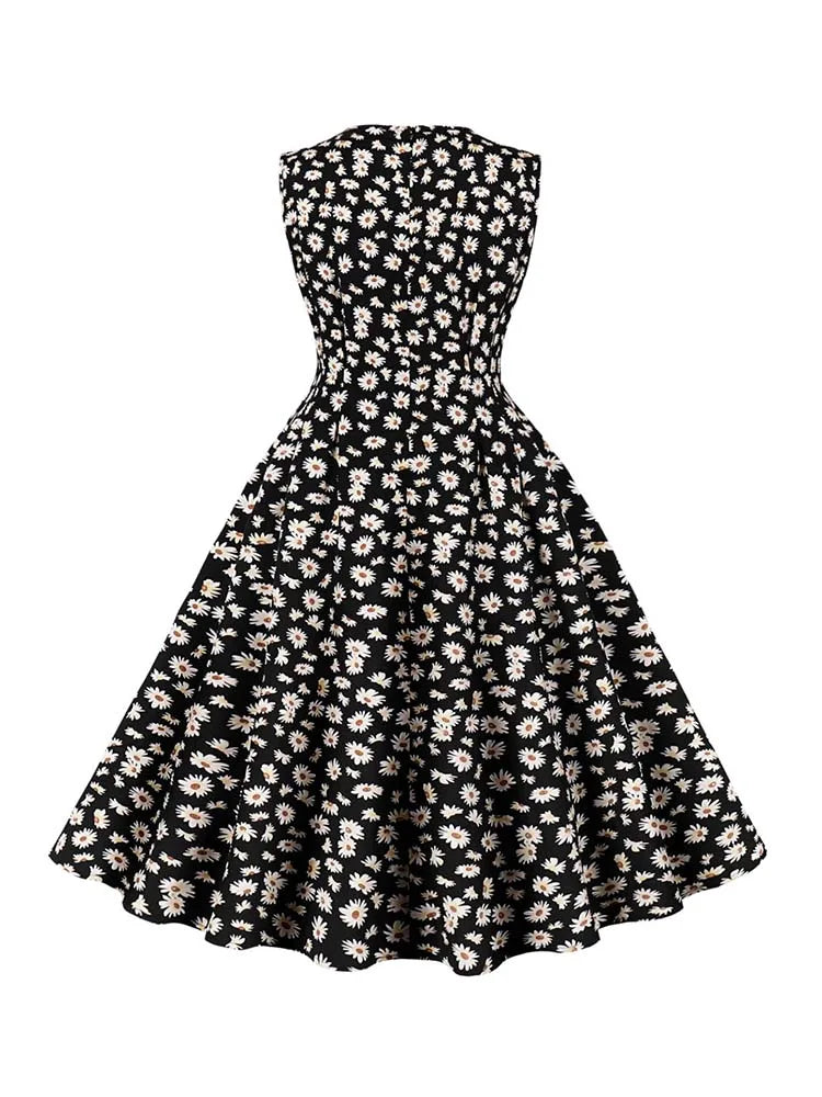 Floral Print Summer Dress Women Elegant Retro Sleeveless Vacation Beach Dress 50S Party Vestidos