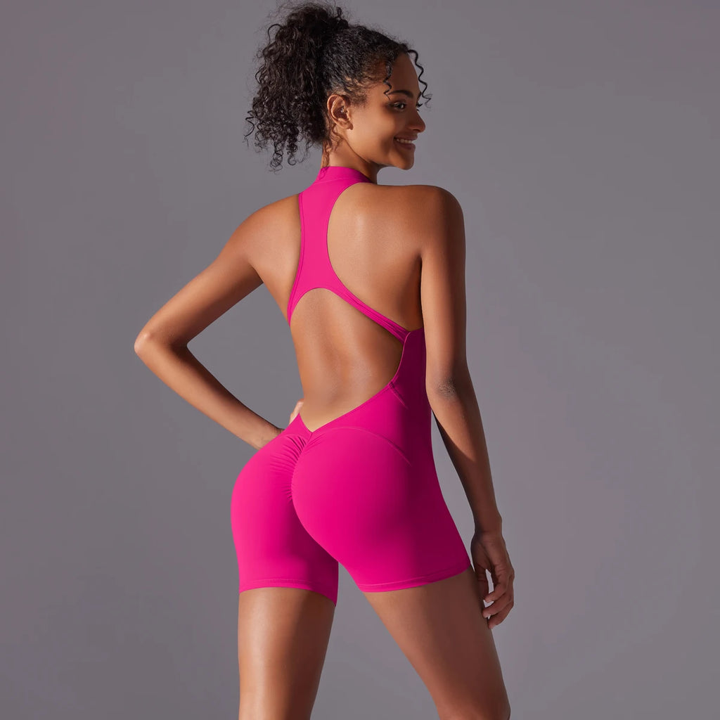 Half Zipper Women Bodysuits Gym Push Up Workout Clothes Backless Scrunch Fitness Sports Yoga Bodysuit Sleeveles Fitness Jumpsuit