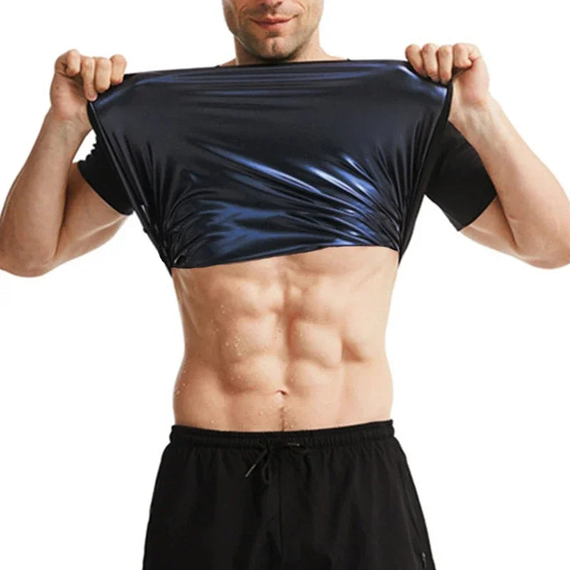 Men Sauna Sweat Short Sleeve Heat Trapping Shirts Sauna Suits Fitness Sweat Waist Slimming Shaper Workout Compression Shirt
