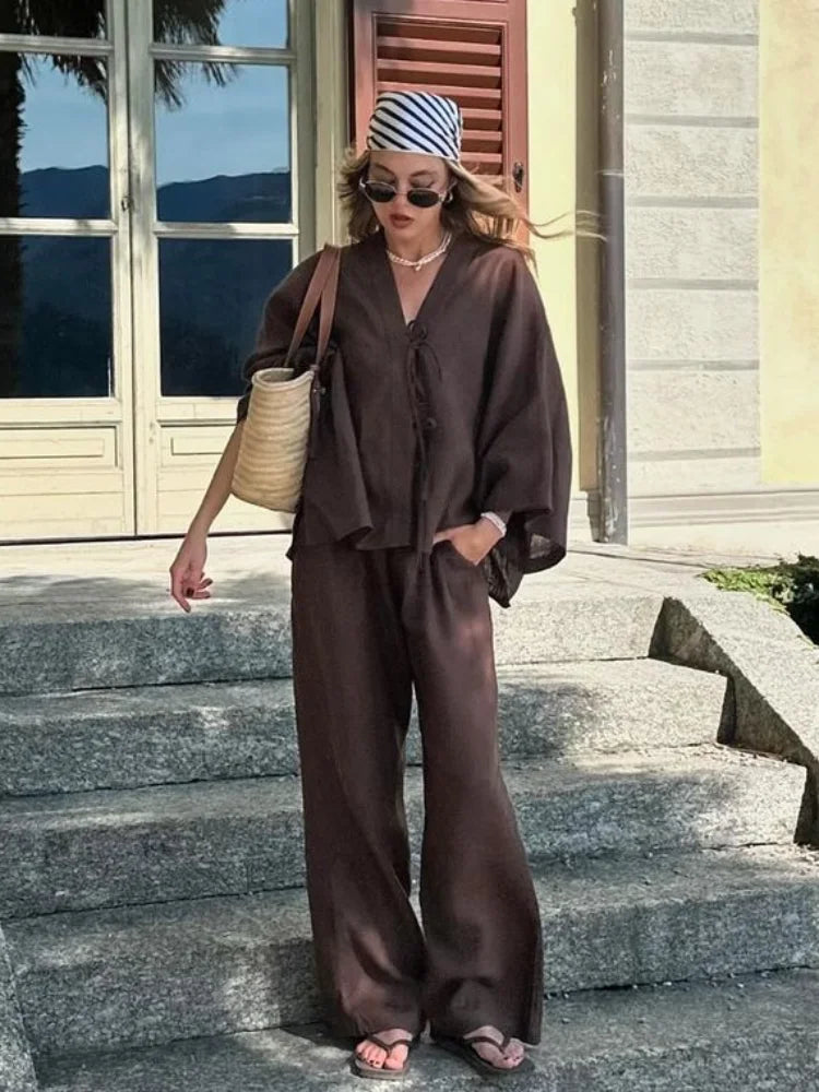 Women Casual Brown Cotton Linen Shirt Pants Suit Fashion Single Breasted Blouses Elastic Waist Pant Set 2025 Spring Loose Outfit