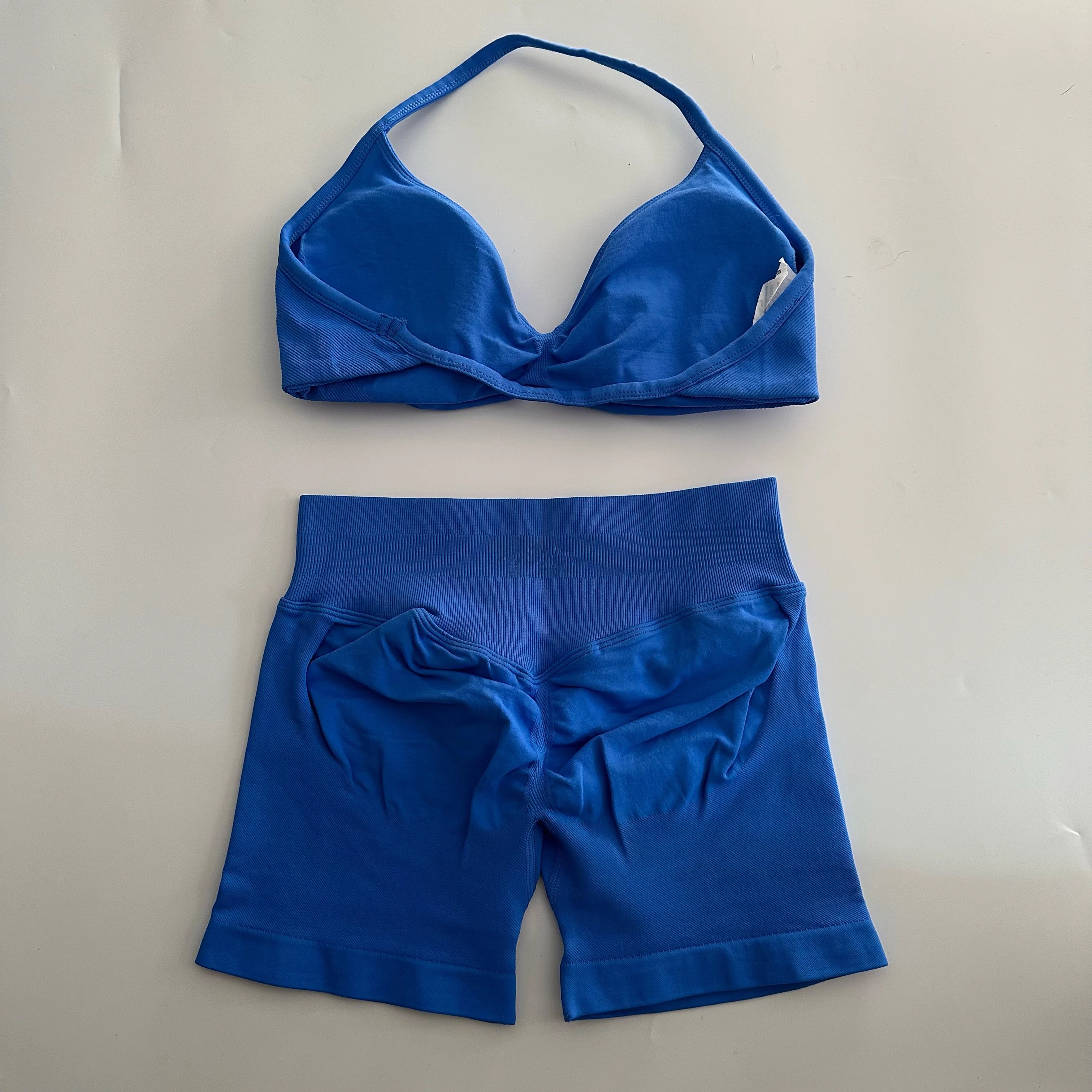 No Logo Yoga Gym Set Women Seamless Strappy Yoga Bra Top High Waist Workout Scrunch Shorts Sports Set Fitness Clothes Sportswear