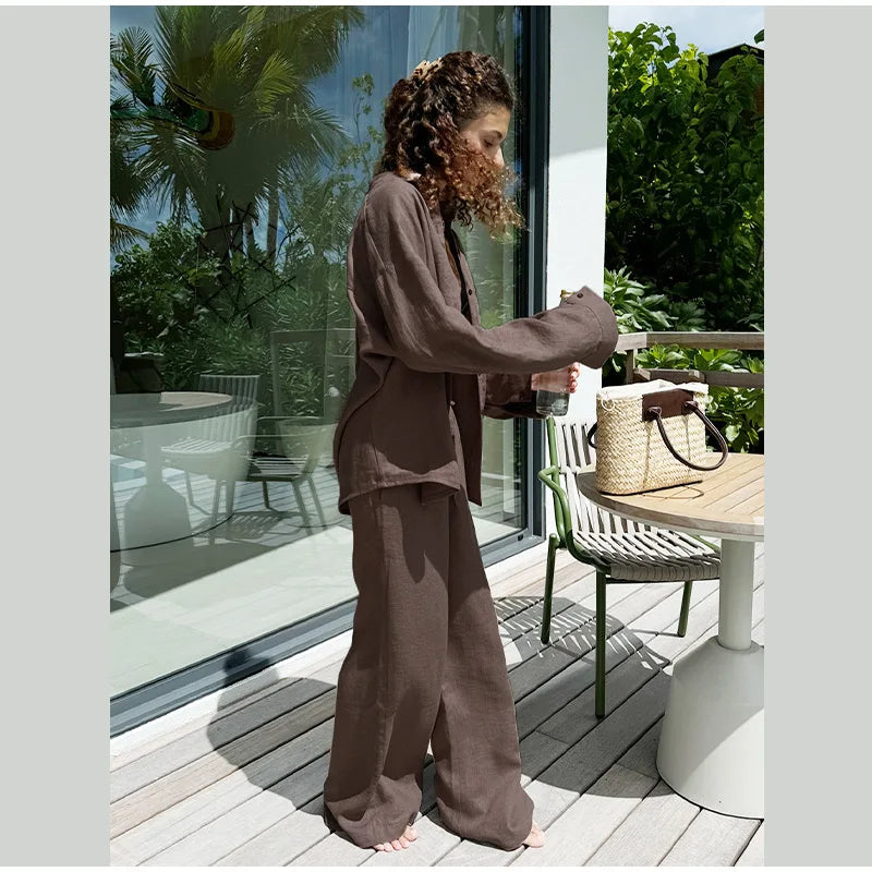 Women Casual Brown Cotton Linen Shirt Pants Suit Fashion Single Breasted Blouses Elastic Waist Pant Set 2025 Spring Loose Outfit