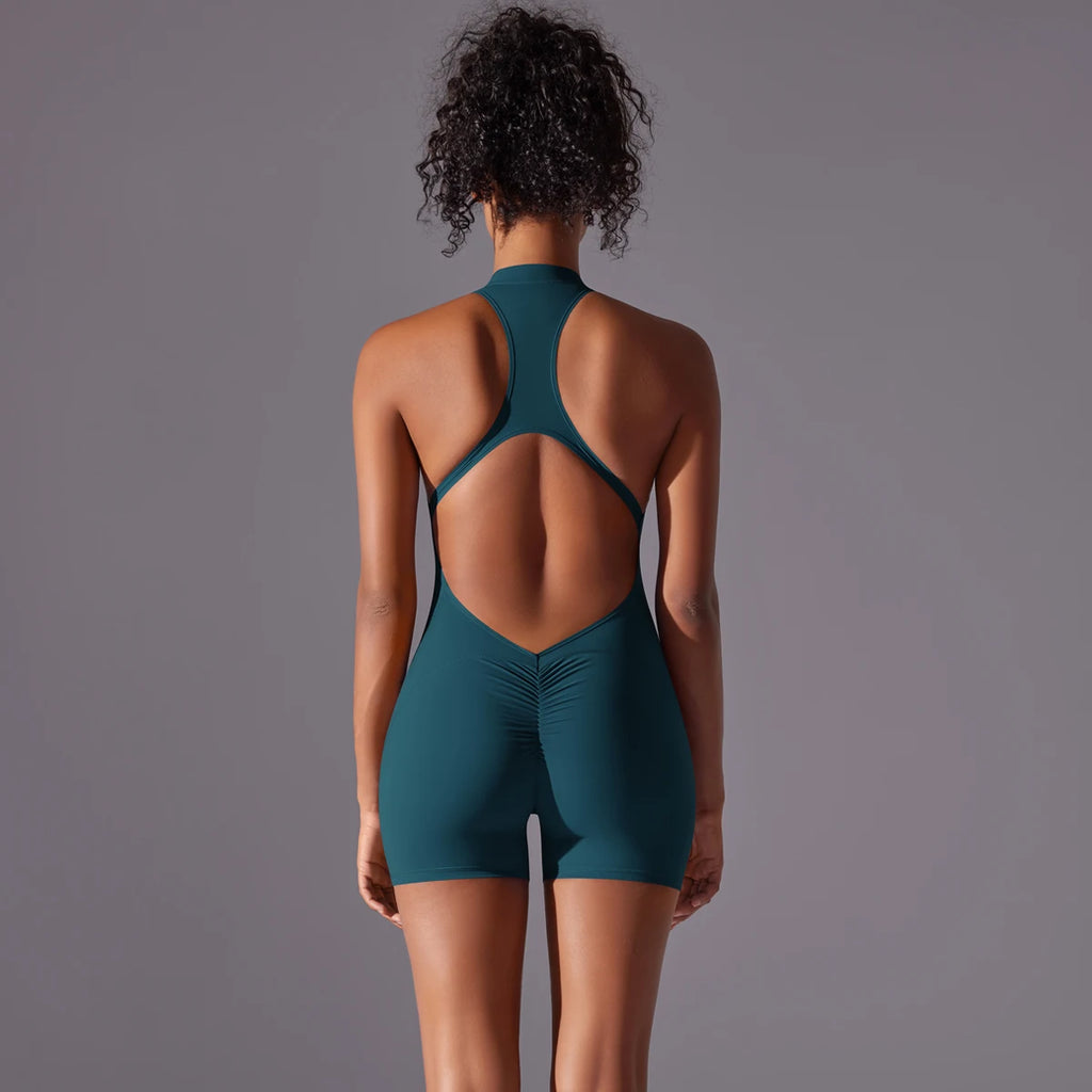 Half Zipper Women Bodysuits Gym Push Up Workout Clothes Backless Scrunch Fitness Sports Yoga Bodysuit Sleeveles Fitness Jumpsuit
