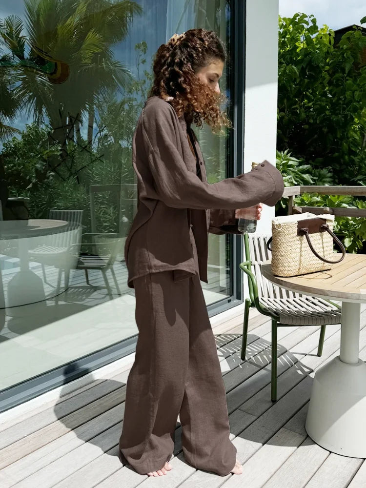 Women Casual Brown Cotton Linen Shirt Pants Suit Fashion Single Breasted Blouses Elastic Waist Pant Set 2025 Spring Loose Outfit