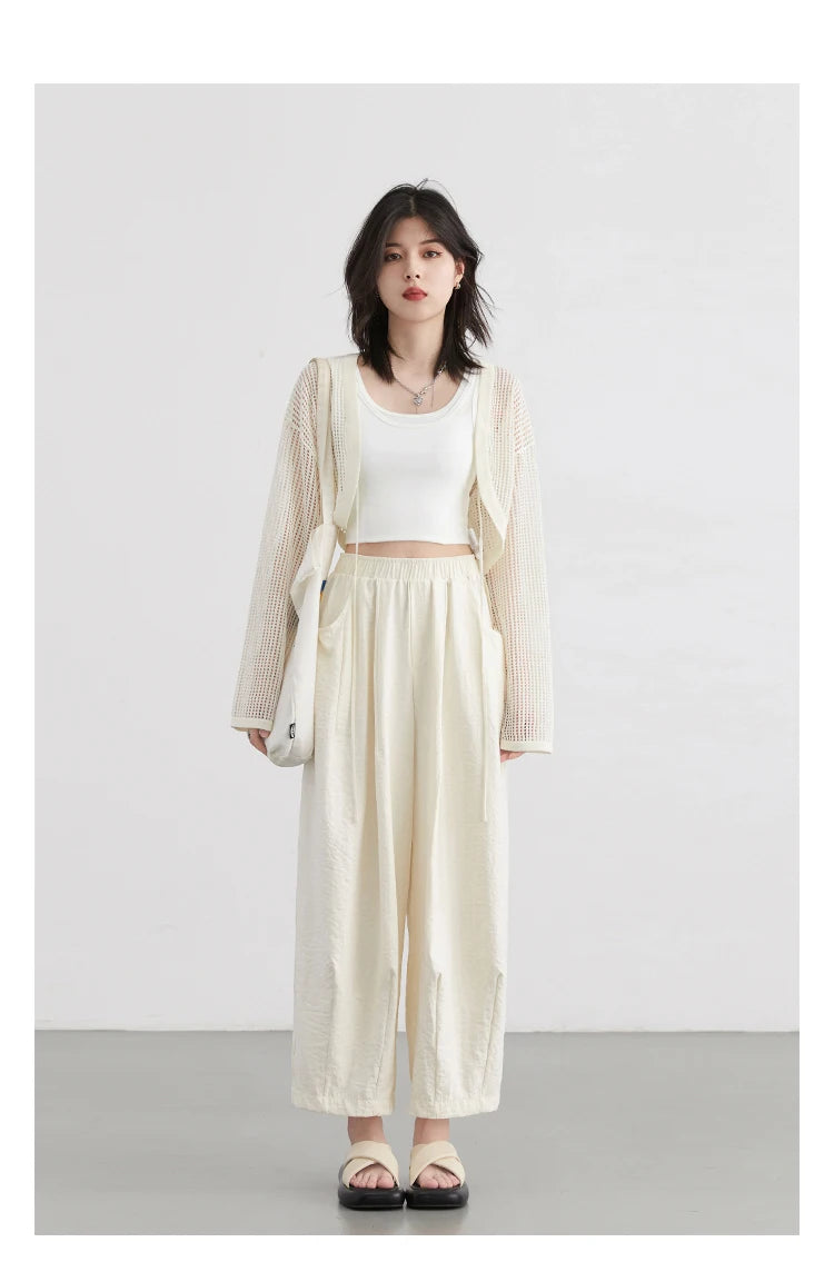 CHIC VEN Women White Pants Solid Casual Elastic Waist High Waisted Pleated Wide Leg Female Trousers  Fold Summer 2025 Clothing