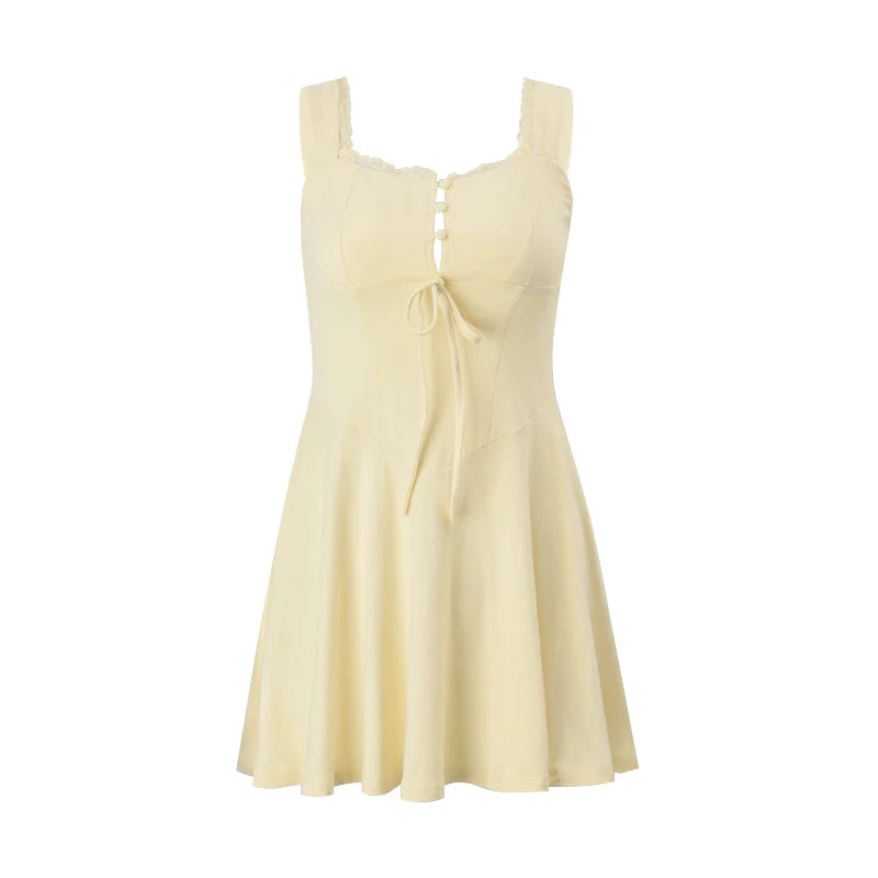 Candyhot Sexy Square Collar Lace Up Solid Color A-LINE Elegant French Strap Mini Dress Y2K Summer Fashion Party Women Vestidos