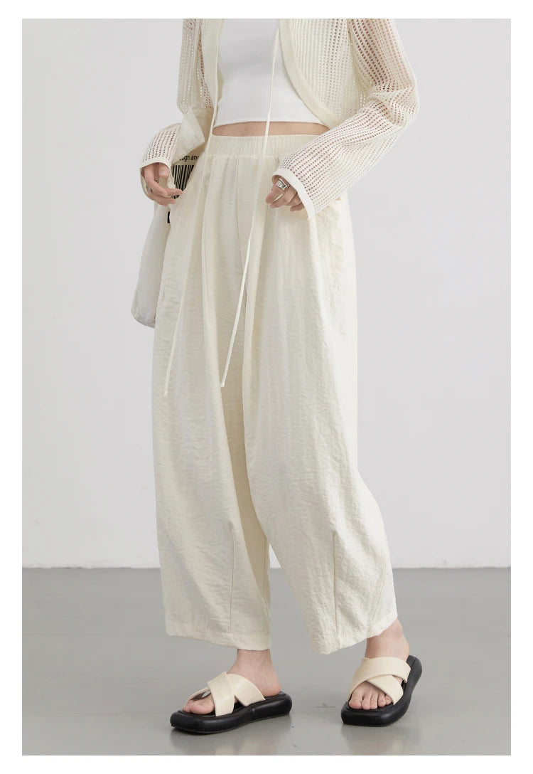CHIC VEN Women White Pants Solid Casual Elastic Waist High Waisted Pleated Wide Leg Female Trousers  Fold Summer 2025 Clothing