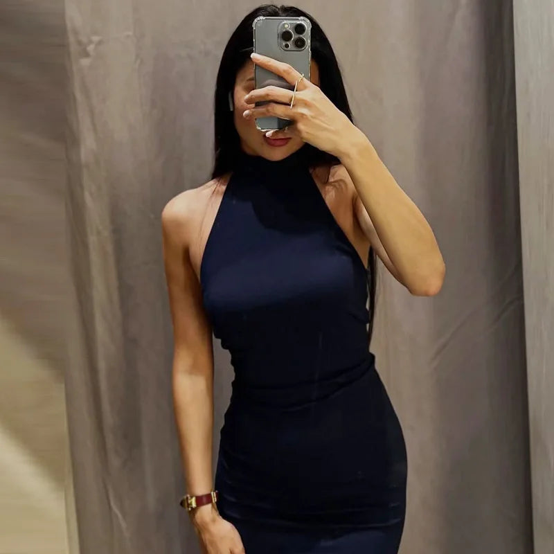 HXAO Women's Blue Halter Dress Summer Woman 2025 Elegant Party Prom Evening Dresses Ruffled Backless Long Dress Fashion Vestidos