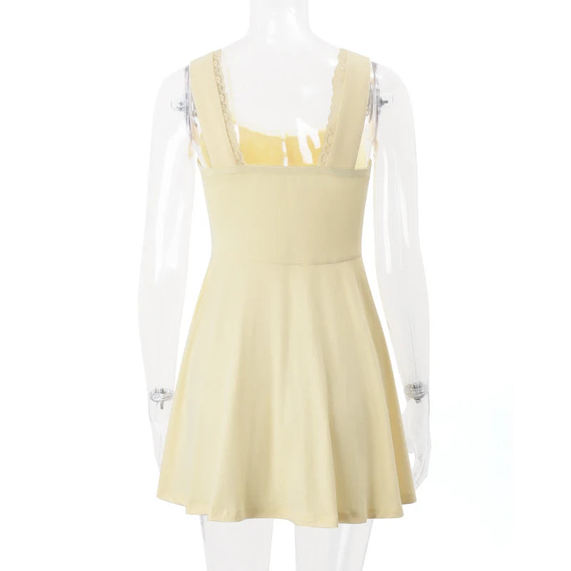 Candyhot Sexy Square Collar Lace Up Solid Color A-LINE Elegant French Strap Mini Dress Y2K Summer Fashion Party Women Vestidos