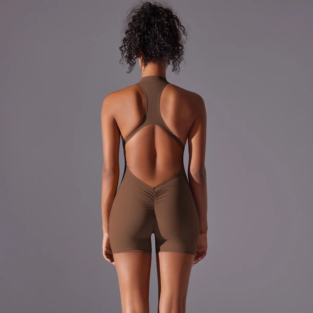 Half Zipper Women Bodysuits Gym Push Up Workout Clothes Backless Scrunch Fitness Sports Yoga Bodysuit Sleeveles Fitness Jumpsuit
