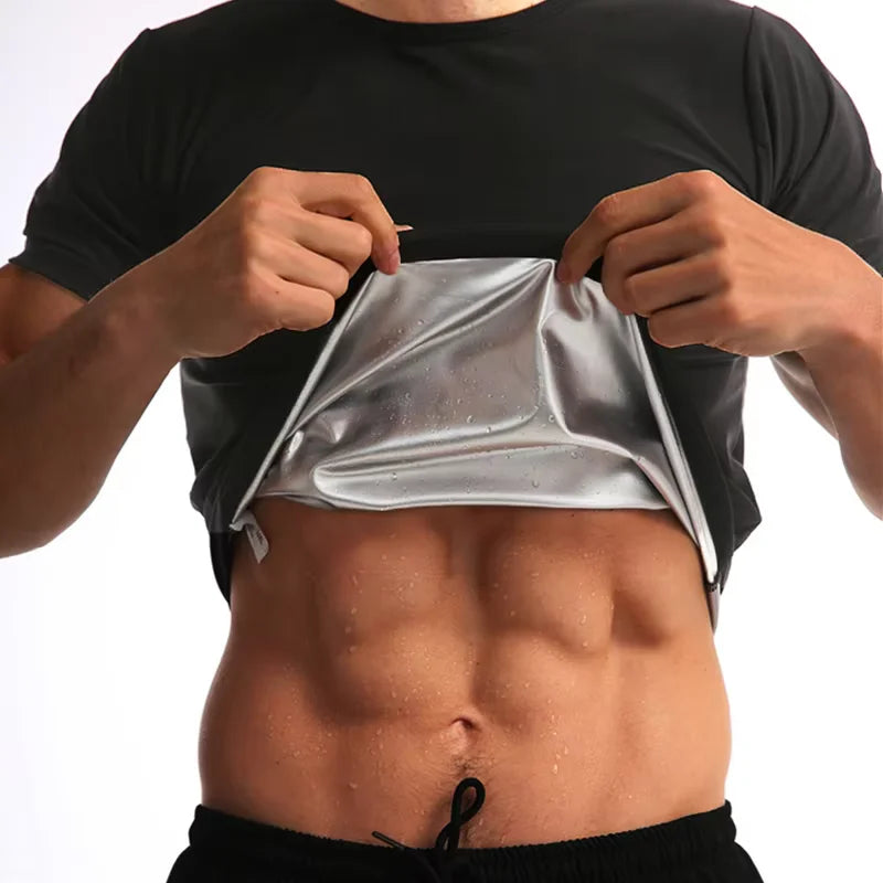 Men Sauna Sweat Short Sleeve Heat Trapping Shirts Sauna Suits Fitness Sweat Waist Slimming Shaper Workout Compression Shirt