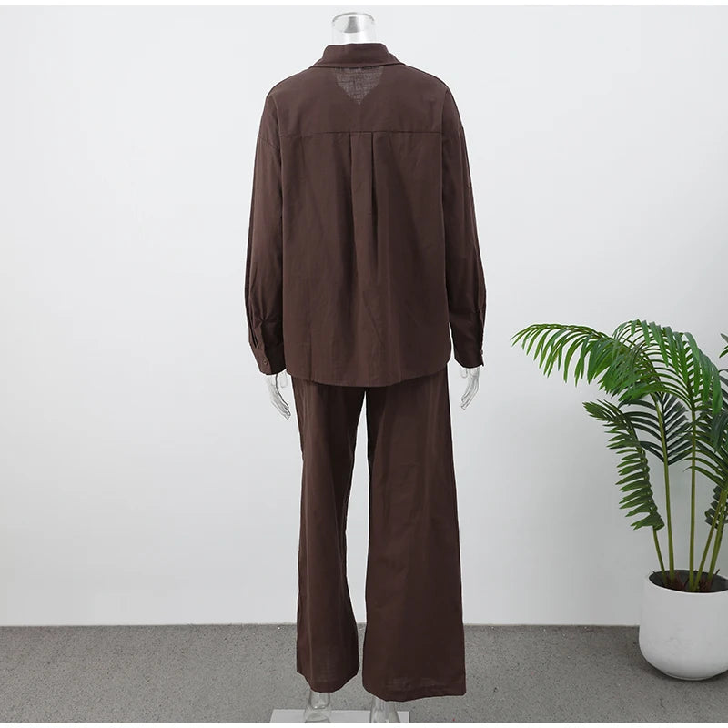Women Casual Brown Cotton Linen Shirt Pants Suit Fashion Single Breasted Blouses Elastic Waist Pant Set 2025 Spring Loose Outfit