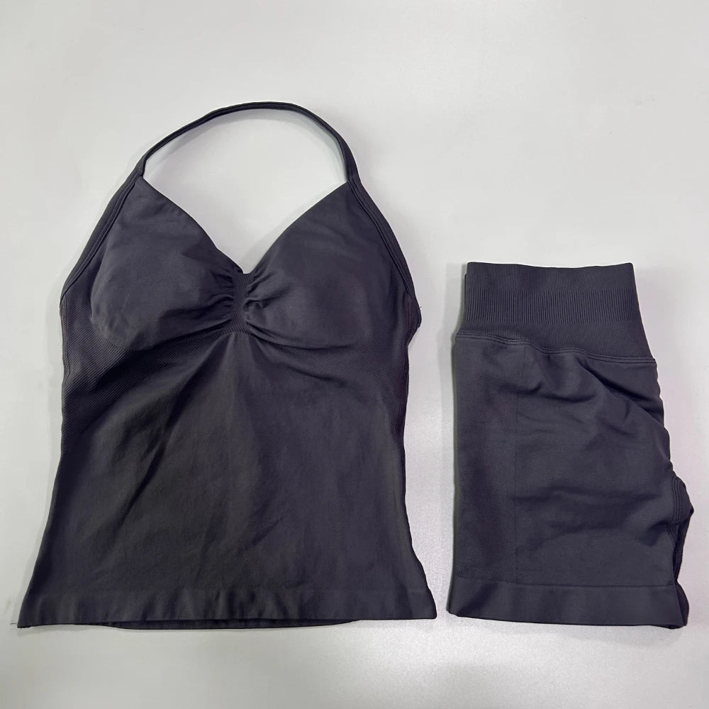 No Logo 2Pcs Gym Set Women Backless Tank Tops High Waist Scrunch Seamless Shorts Gym Suit Fitness Clothes Activewear Workout Set