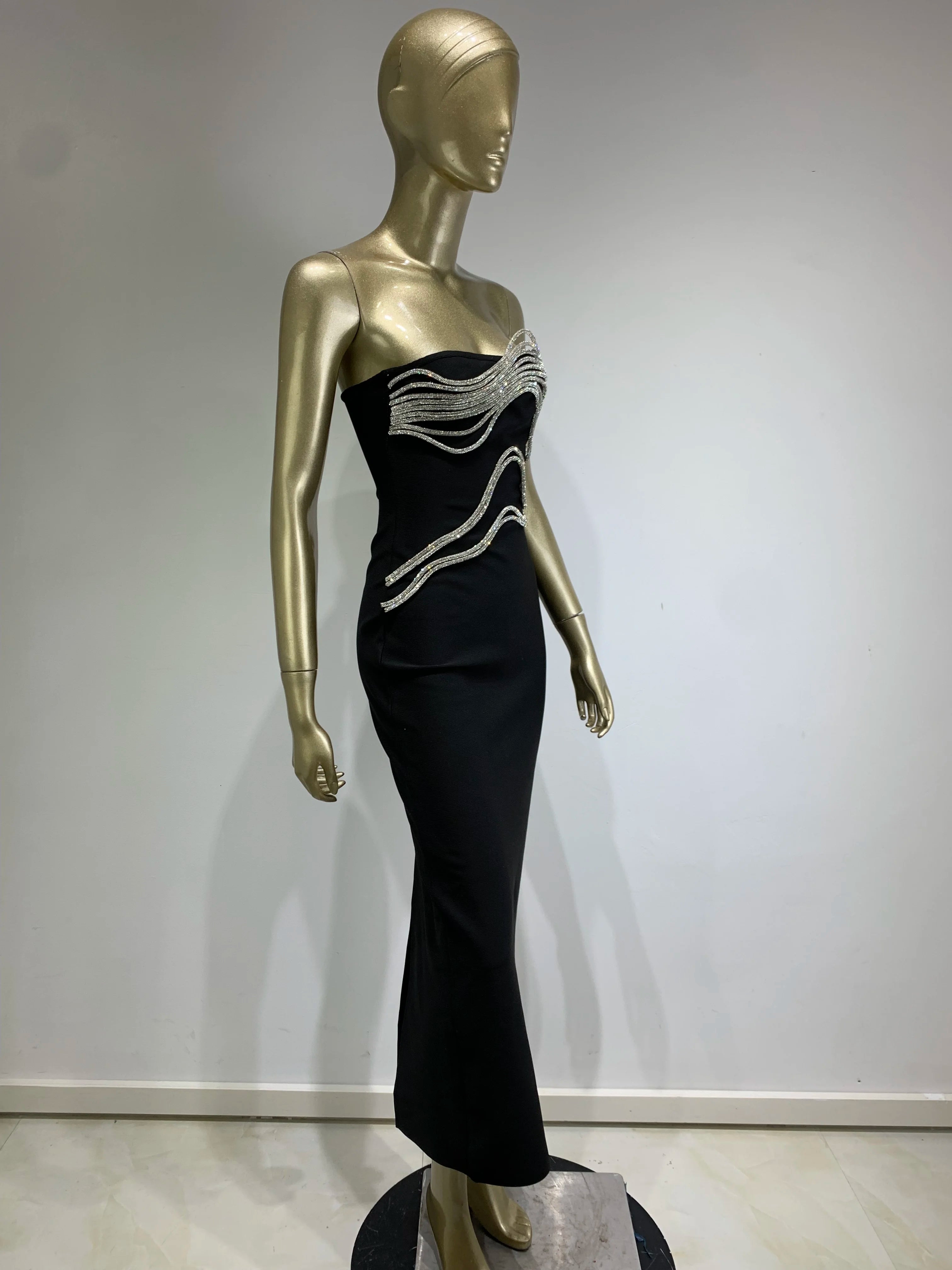 New Women Celebrity Sexy Strapless Backless Diamonds Black Maxi Long Bodycon Bandage Dress 2024 Elegant Evening Club Party Dress